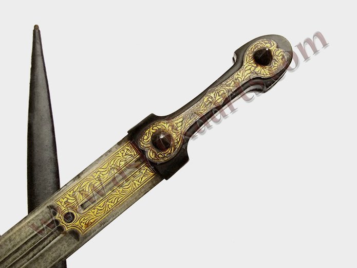 Caucasian qama or kindjal dagger, the 15cm pointed double edged blade with  centre fuller and two-piece horn grip; in nickel plated scabbard with  panels of figures and script L28.5cm overall; and east 